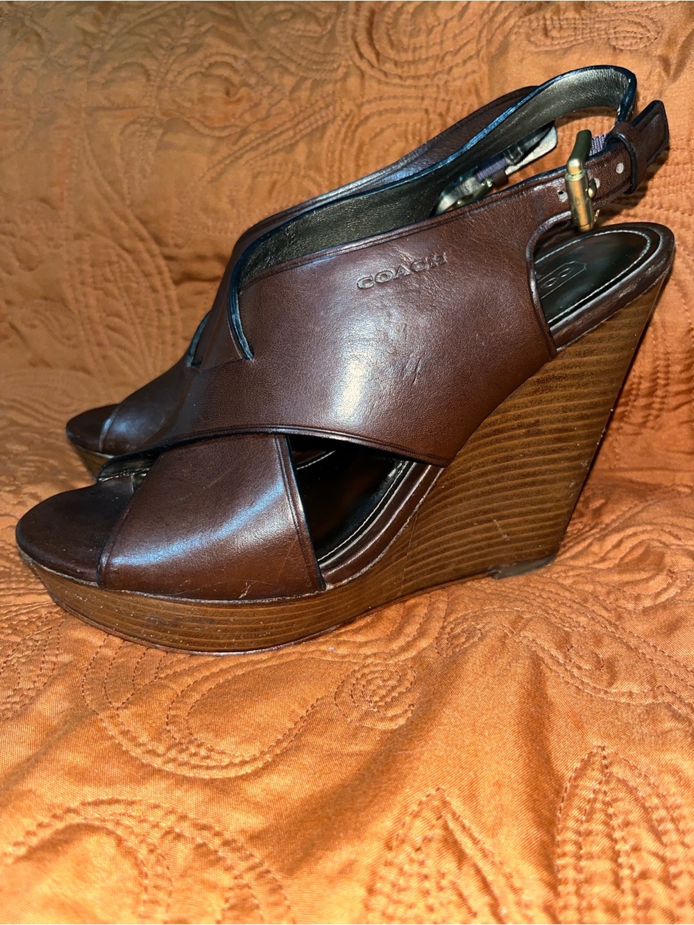 COACH ‘JAMILA’ Peep toe Brown Leather Wedge Sandals 7B